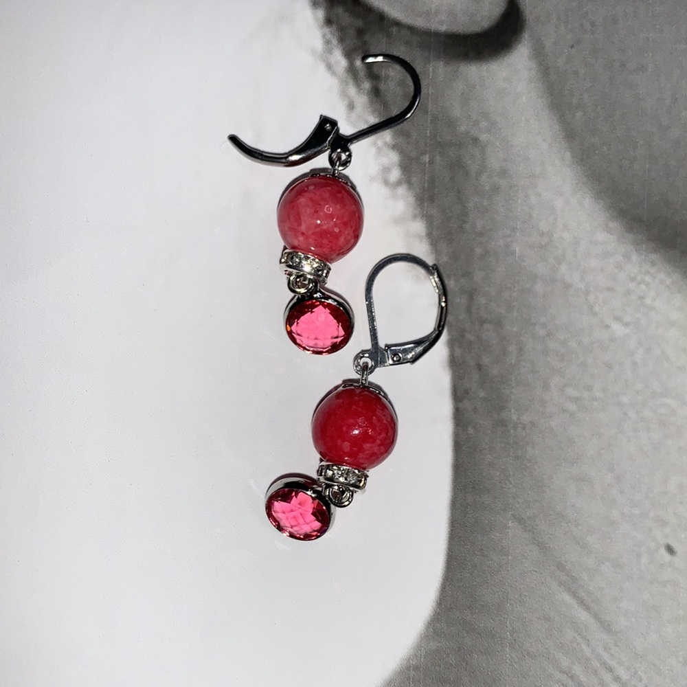 Semi Precious Pink Stone Drop Earrings from Stainless Steel Lever Back